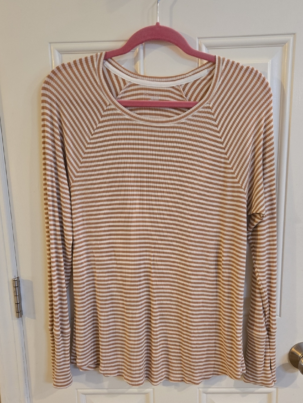 aerie Tan and White Ribbed Striped Long-Sleeve Crewneck